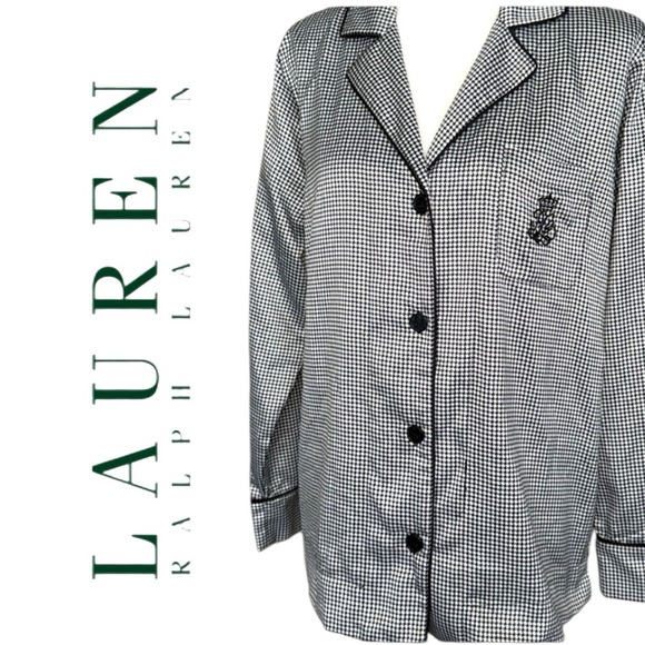 Lauren Ralph Lauren Houndstooth Pajama Top Black White Checkered Sz S - Picture 1 of 13